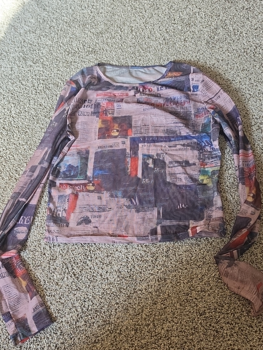 Y2k Newspaper Print Long Sleeve Mesh Top - Multicolor Xxl 2x Xl
